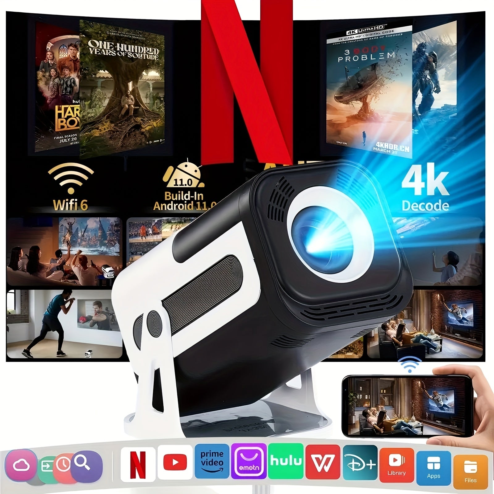 Mini Projector 4K WiFi6 BT5.0 - Android 11.0 Portable Home Theater