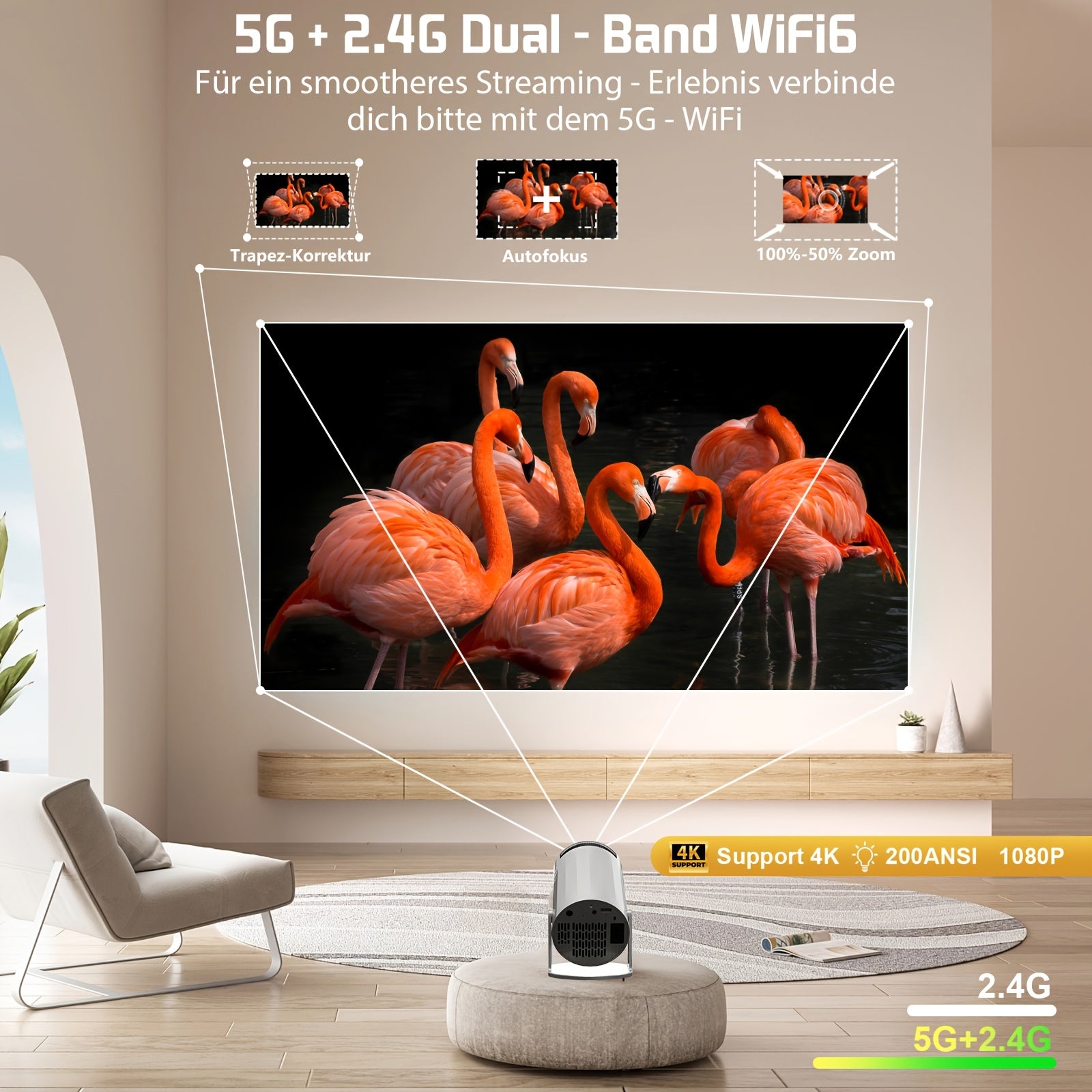 XBJ Mini Projector Android 11 - 1080P 5G WiFi 180° Auto Keystone