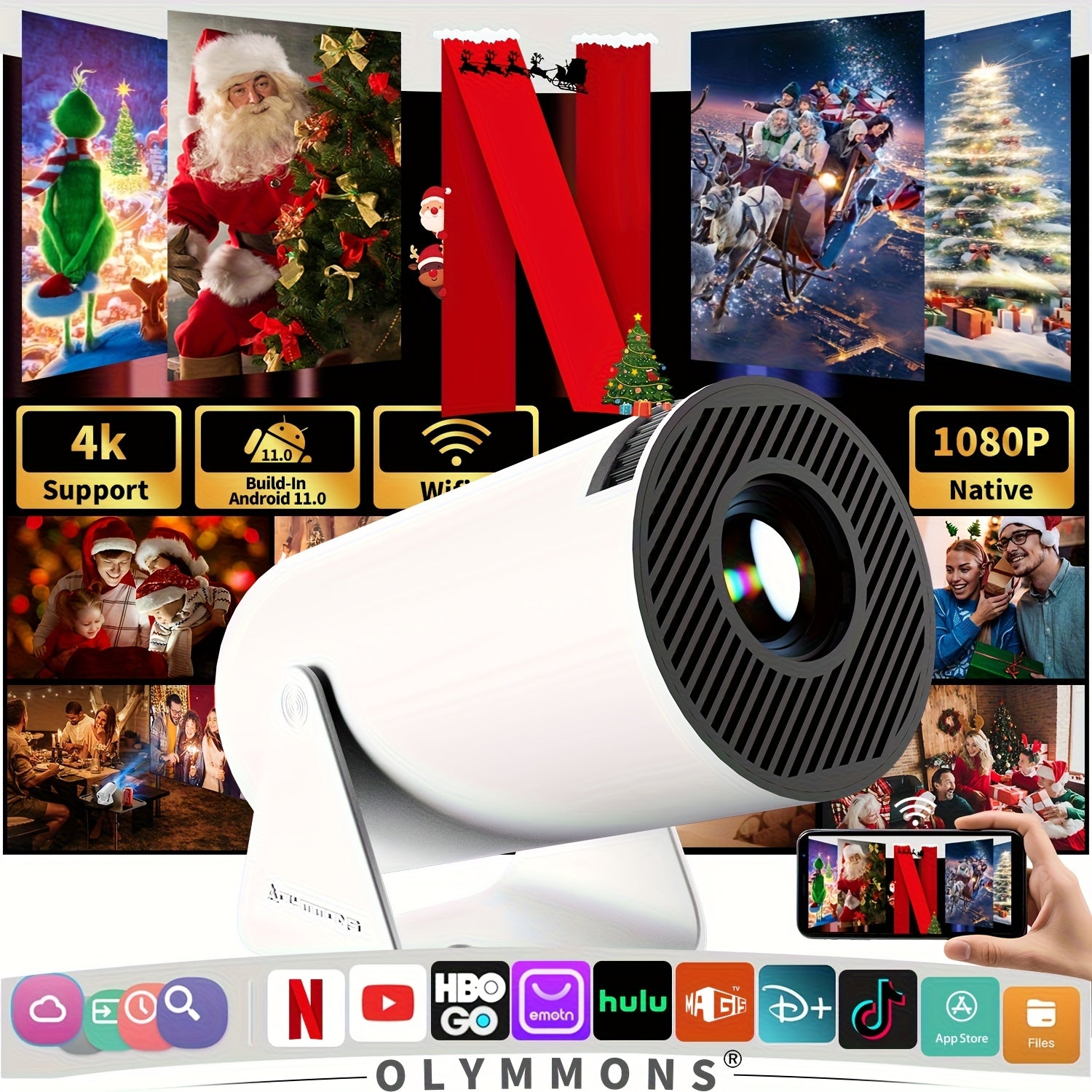 HY300 Pro Mini Projector - 4K Android 11.0 Smart Projector with Netflix & YouTube