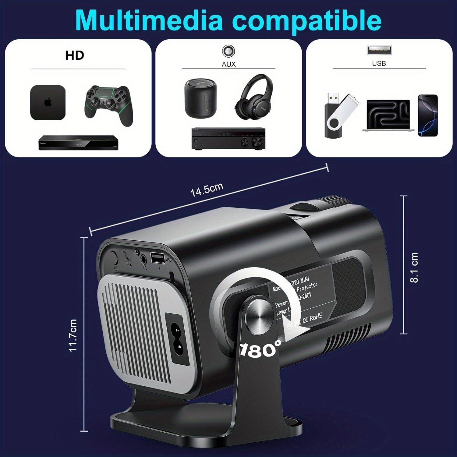 720P Projector 4K Support - WiFi 6 BT5.2 Auto Keystone 270° Rotation