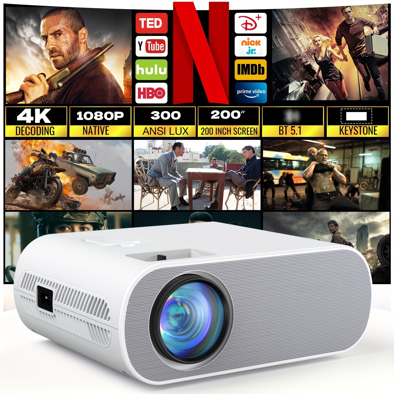1080P Projector 4K Support - 300 ANSI BT5.1 Portable Home Theater