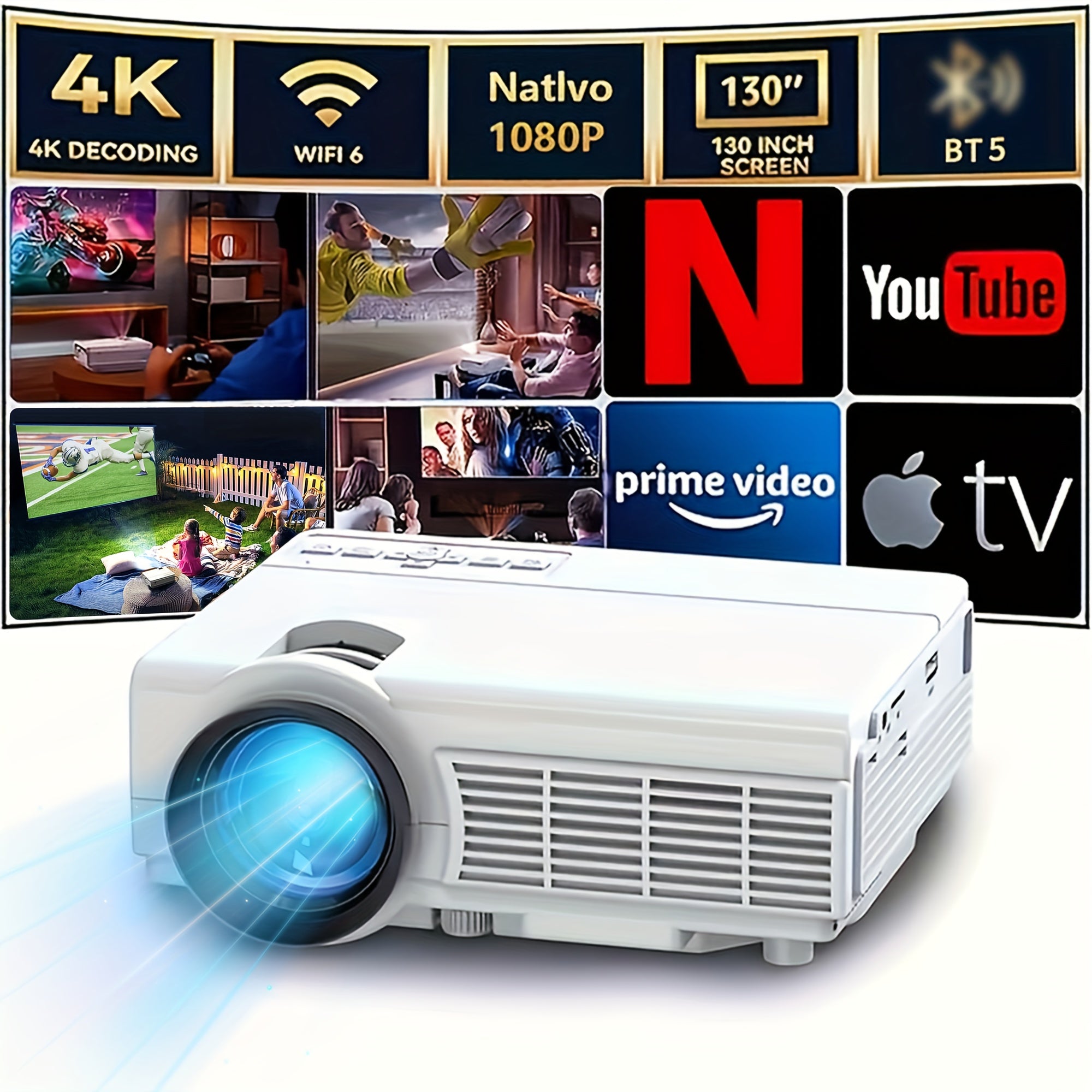 1080P 4K Portable Projector - WiFi 5G Home Theater